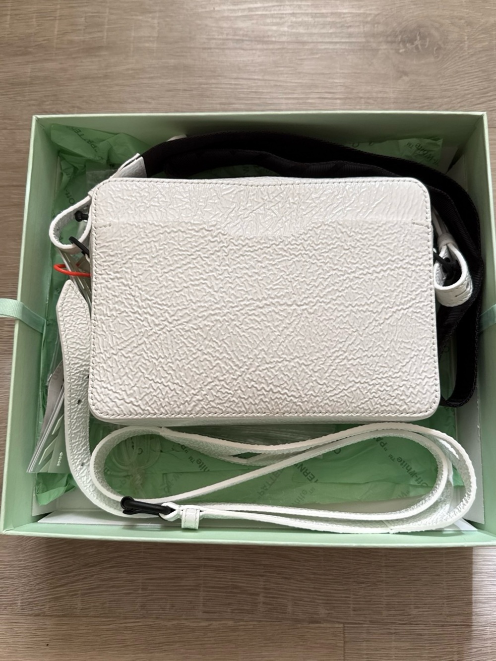 Off-White Virgil Abloh White Textured Crossbody Bag with Black Strap